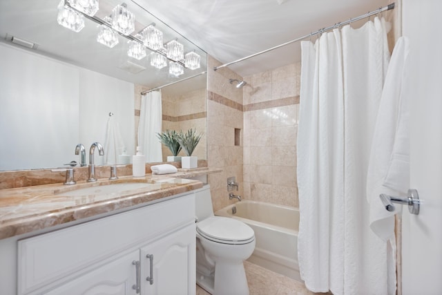 bathroom with toilet, shower / bathtub combination with curtain, visible vents, and vanity