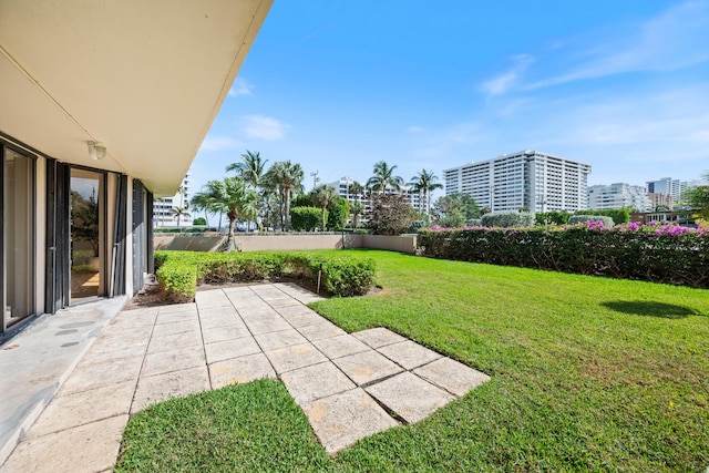 view of yard with a patio area, fence, and a city view