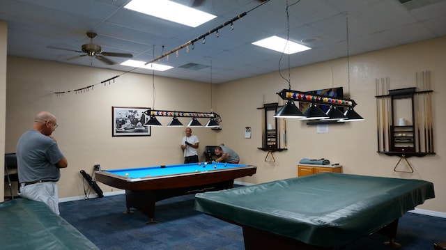 game room featuring pool table, visible vents, a ceiling fan, baseboards, and carpet