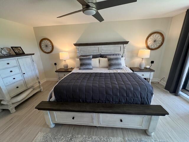 bedroom featuring light wood-style floors, ceiling fan, and baseboards