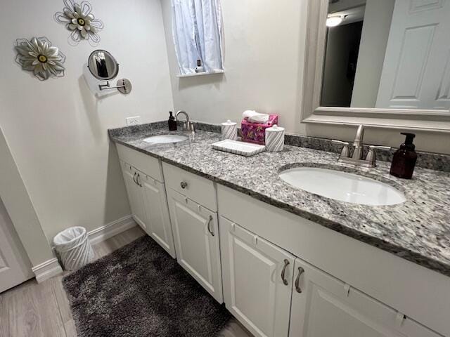 full bathroom featuring double vanity, wood finished floors, a sink, and baseboards