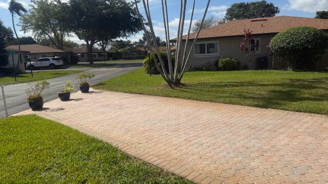 view of yard featuring decorative driveway