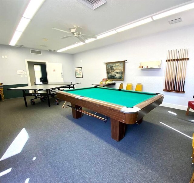 playroom with ceiling fan, billiards, and visible vents