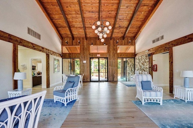 living area featuring wooden ceiling, visible vents, beam ceiling, and wood finished floors