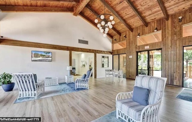 interior space with wooden ceiling, visible vents, beam ceiling, and wood finished floors