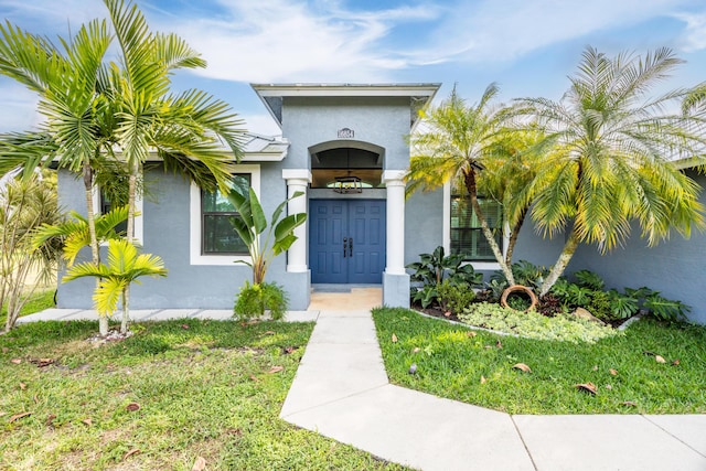 entrance to property featuring a lawn and stucco siding