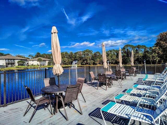 view of patio / terrace with outdoor dining area and a water view