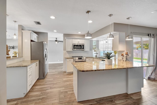 kitchen featuring plenty of natural light, stainless steel appliances, a peninsula, and visible vents