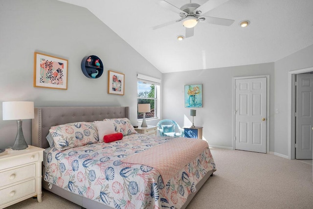 bedroom featuring lofted ceiling, light colored carpet, ceiling fan, and baseboards