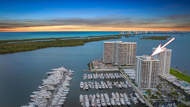 aerial view featuring a water view and a city view