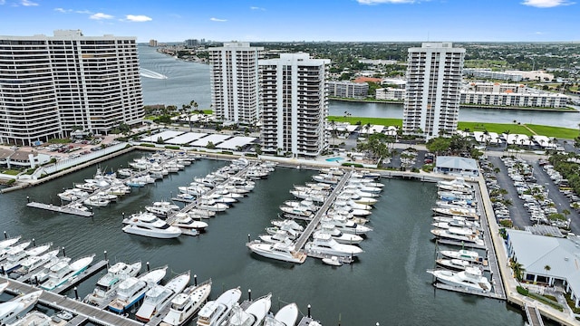 birds eye view of property with a city view and a water view