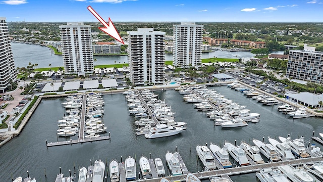 drone / aerial view with a water view and a view of city