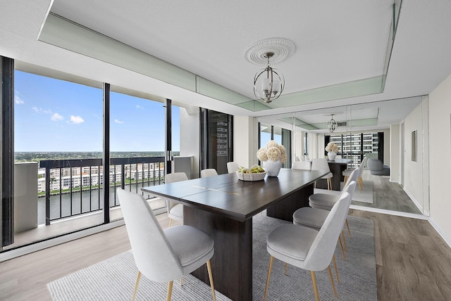dining space featuring wood finished floors, an inviting chandelier, and expansive windows