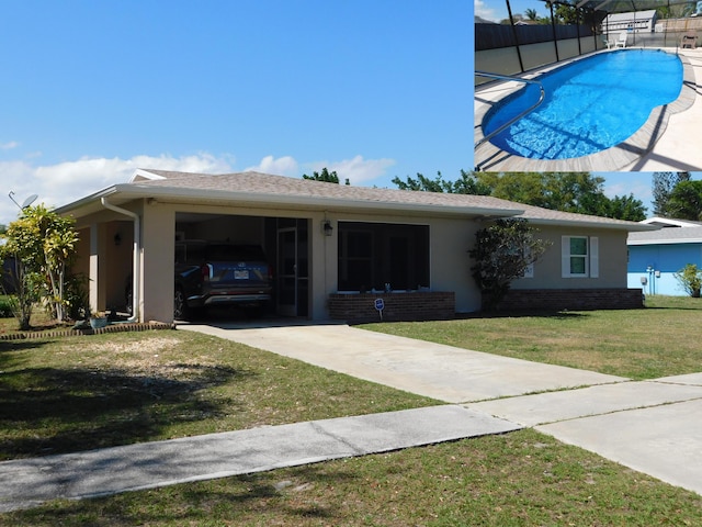 ranch-style home with a front yard, brick siding, driveway, and stucco siding