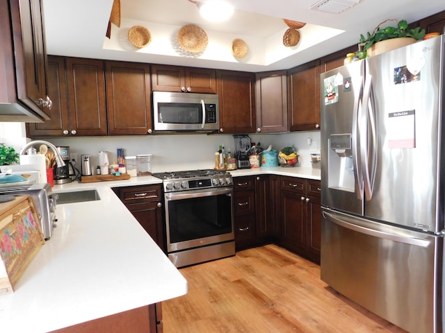 kitchen with appliances with stainless steel finishes, light countertops, and a raised ceiling