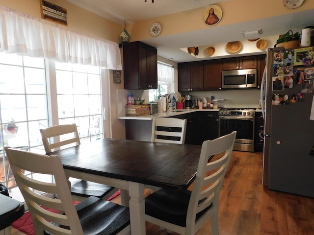 kitchen featuring appliances with stainless steel finishes, wood finished floors, light countertops, dark brown cabinets, and a sink