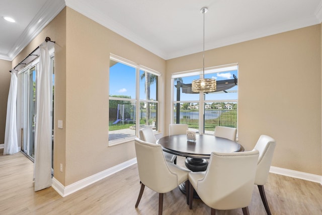 dining room with baseboards, light wood-style floors, and crown molding