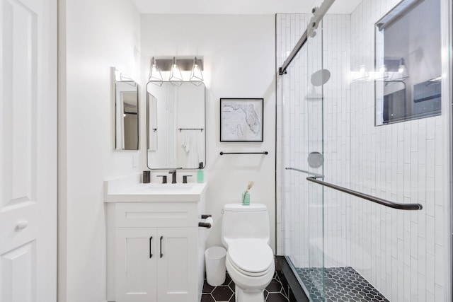 bathroom featuring toilet, a stall shower, a closet, and vanity