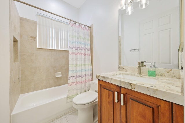 full bathroom with toilet, shower / bath combo with shower curtain, and vanity