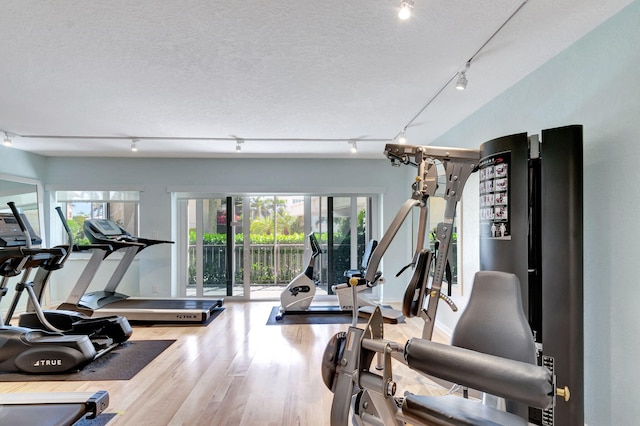 workout area featuring rail lighting, a textured ceiling, and wood finished floors