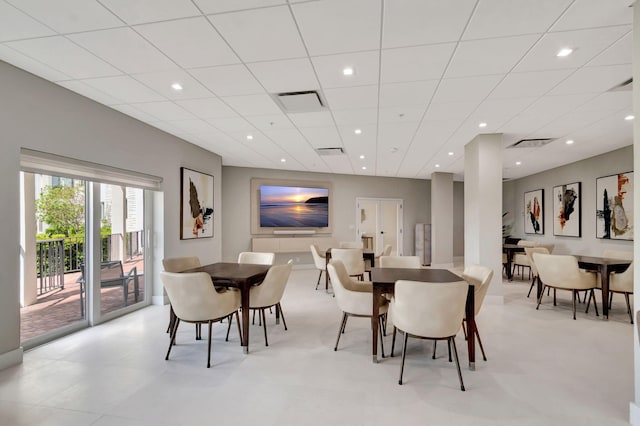 dining space featuring a paneled ceiling, visible vents, and recessed lighting