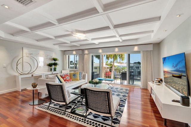 living room featuring baseboards, visible vents, coffered ceiling, wood finished floors, and beamed ceiling