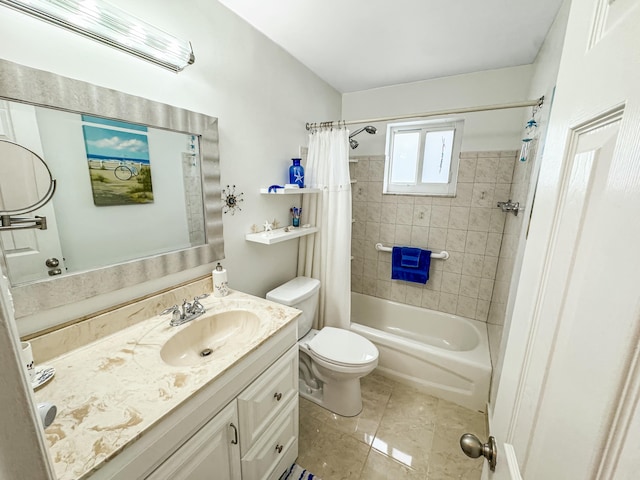 full bathroom with shower / bath combo, vanity, toilet, and tile patterned floors