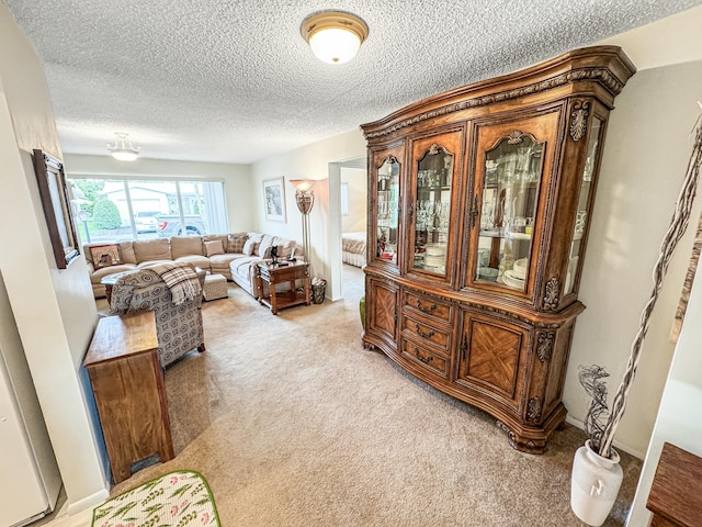 living room with a textured ceiling and light colored carpet