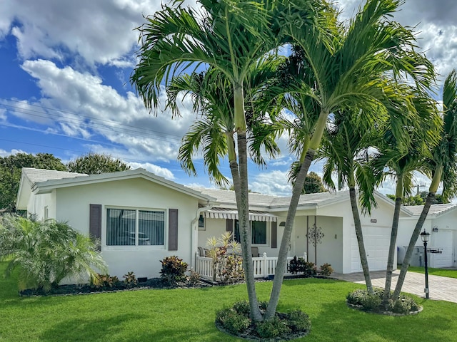 ranch-style house featuring a garage, decorative driveway, a front lawn, and stucco siding