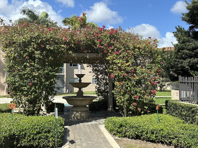 view of home's community featuring fence