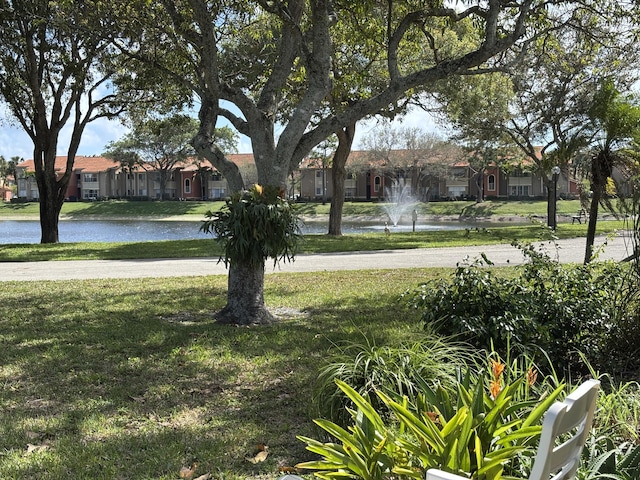 view of yard featuring a residential view and a water view