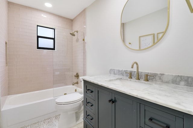 full bath featuring toilet,  shower combination, vanity, and recessed lighting