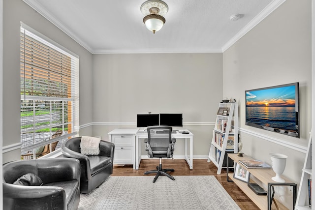 office featuring crown molding and wood finished floors