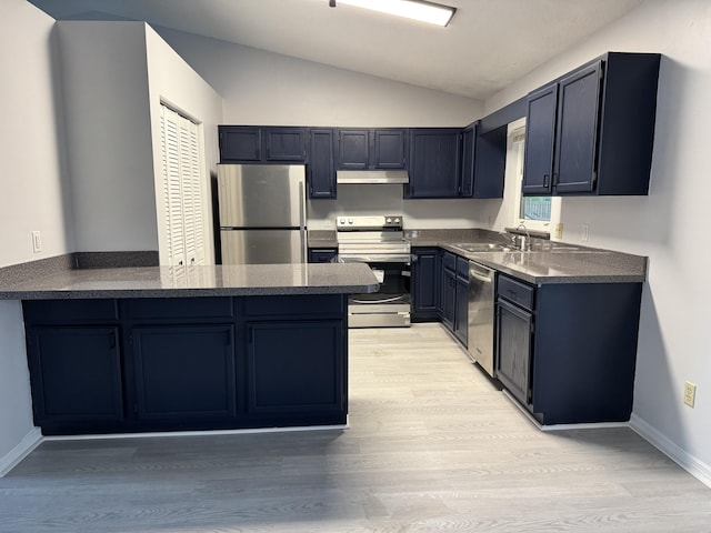 kitchen with under cabinet range hood, appliances with stainless steel finishes, vaulted ceiling, a sink, and a peninsula