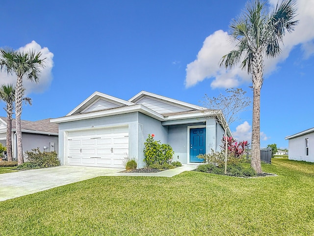 ranch-style house featuring a garage, driveway, a front lawn, and stucco siding