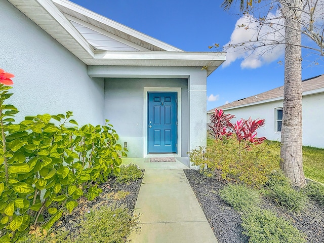 view of exterior entry with stucco siding