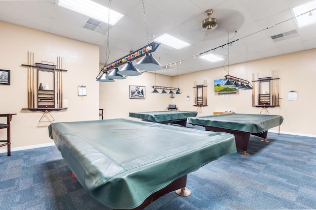 game room featuring billiards, carpet flooring, visible vents, and baseboards