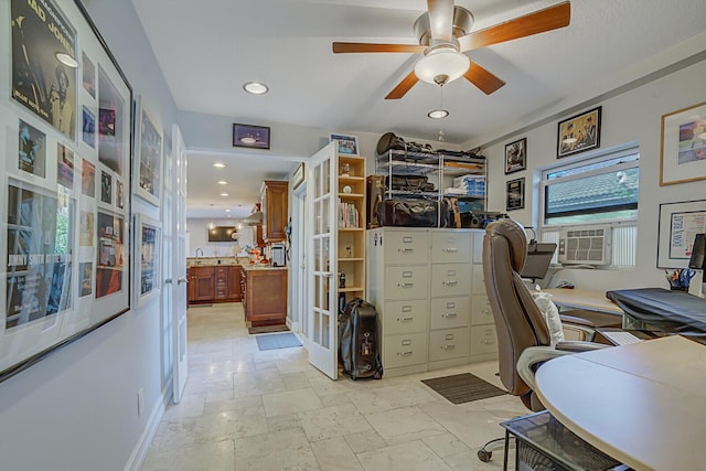 office area with ceiling fan, cooling unit, stone tile flooring, and recessed lighting