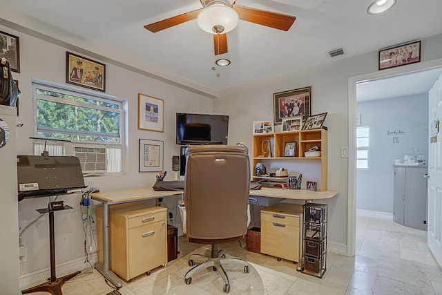 home office featuring ceiling fan, visible vents, baseboards, and recessed lighting