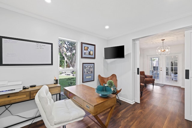 home office with baseboards, dark wood-type flooring, an inviting chandelier, crown molding, and recessed lighting