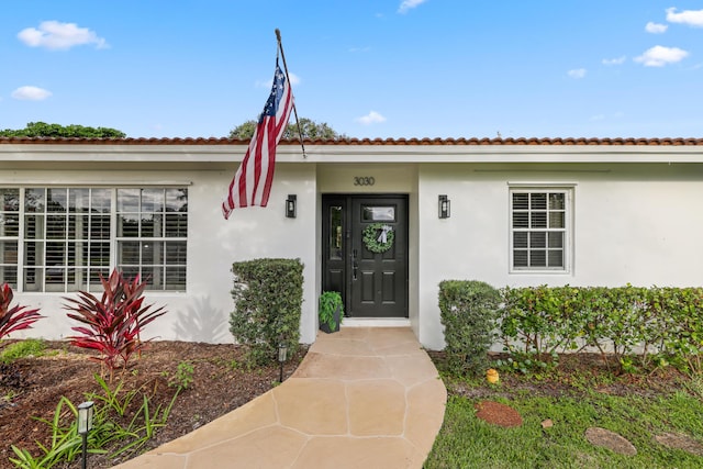 view of exterior entry with stucco siding