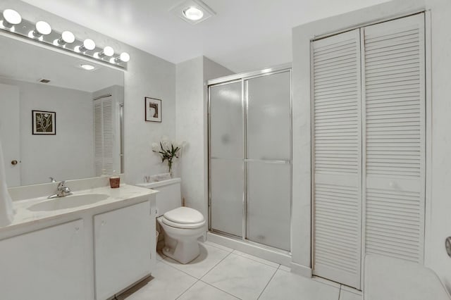 bathroom with a shower stall, a closet, and vanity