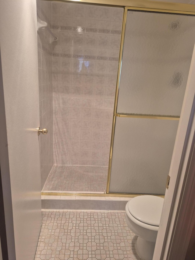 full bathroom featuring a stall shower, tile patterned flooring, and toilet