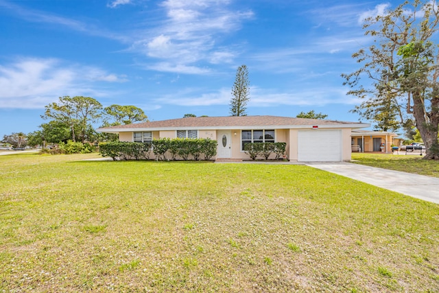 ranch-style home featuring driveway, a front lawn, an attached garage, and stucco siding