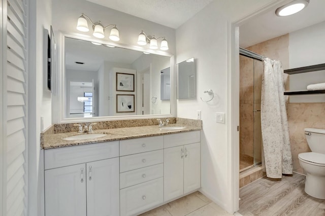 bathroom with double vanity, a shower stall, toilet, and a sink