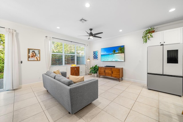 living room with recessed lighting, visible vents, ornamental molding, light tile patterned flooring, and ceiling fan