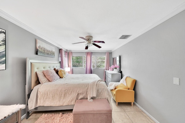 bedroom with light tile patterned floors, baseboards, visible vents, ceiling fan, and crown molding