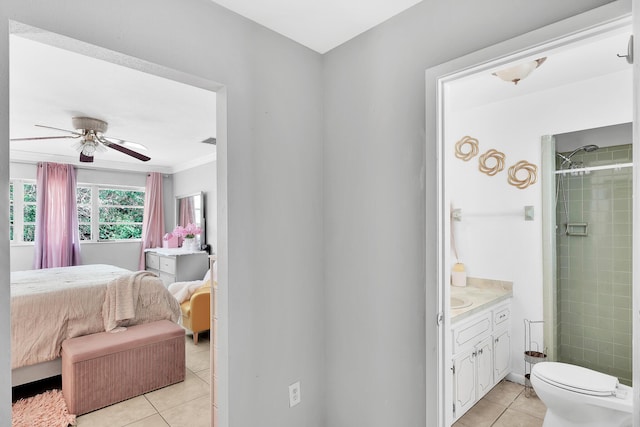 bathroom featuring tile patterned flooring, ceiling fan, toilet, ensuite bathroom, and vanity