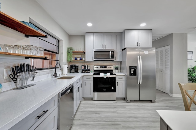 kitchen with a sink, recessed lighting, appliances with stainless steel finishes, and open shelves