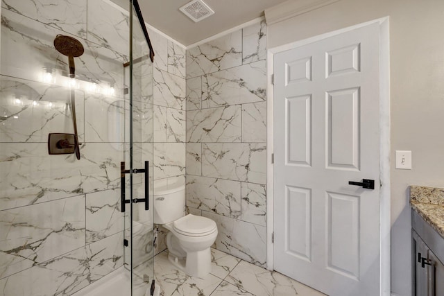 full bath with vanity, marble finish floor, visible vents, and a marble finish shower